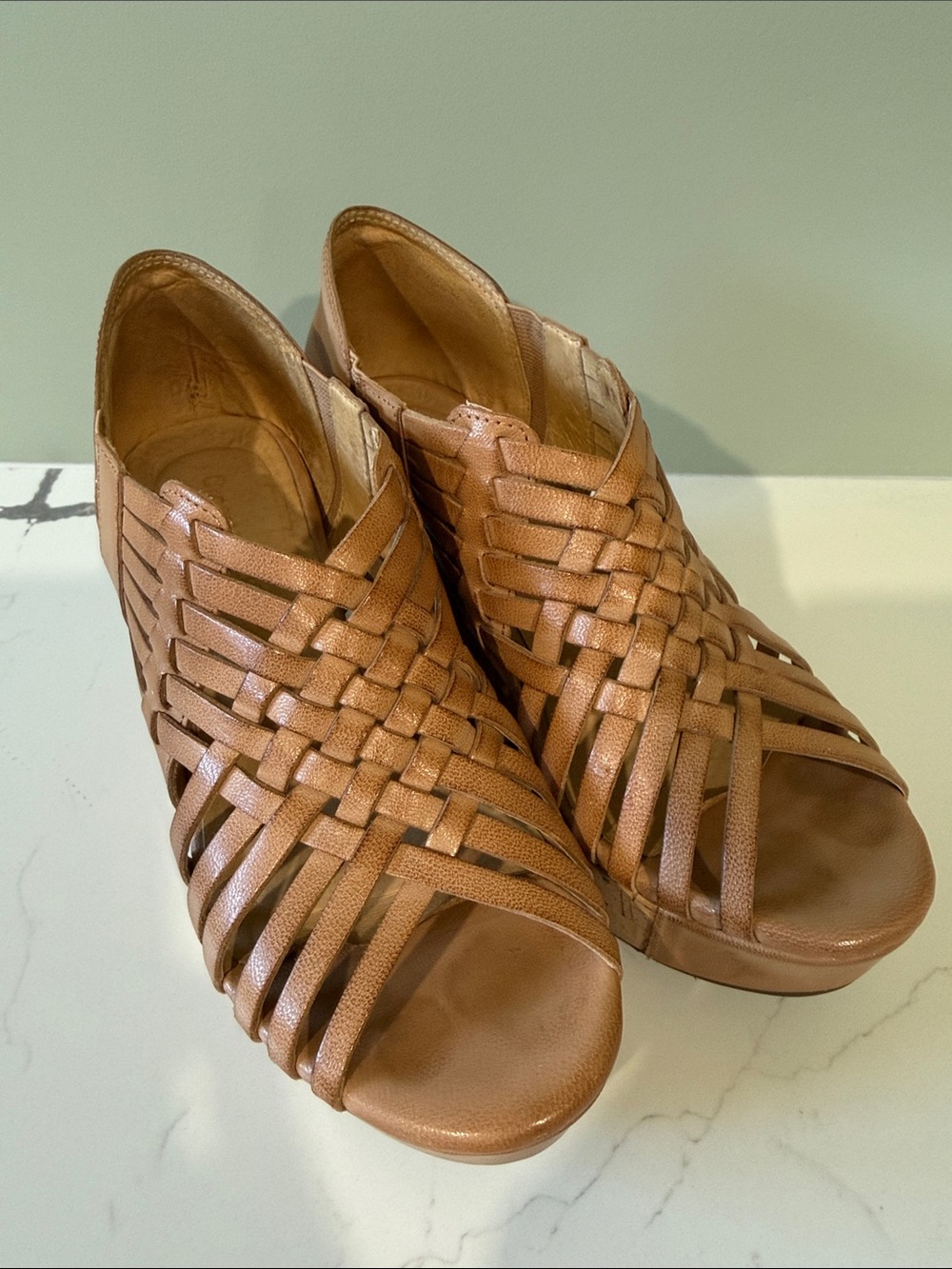 Chocolat Blu Woven Open-Toe Wedge Sandals in Tan